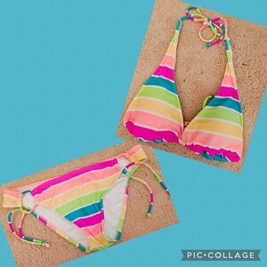 Y2K Surfside Rainbow Striped Bikini w Tie Bottoms & HalterTriangle Bandeau Top